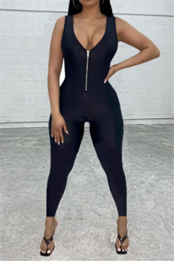 plus size summer solid color zip-up low-cut tight stretch sexy jumpsuit