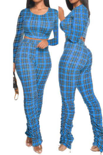 plus size autumn lattice batch printing pleated pants fashion stretch two-piece set