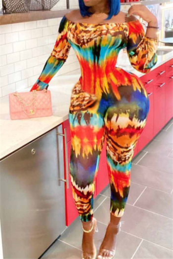 new stylish multicolor batch printing autumn off-shoulder stretch slim jumpsuit