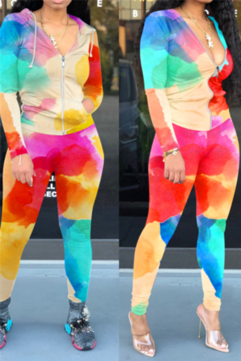 new stylish multicolor batch printing zip-up hooded autumn winter stretch two-piece set