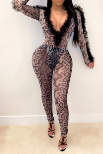 plus size snake print stretch mesh decorated tight bodysuit with shorts sexy two-piece set