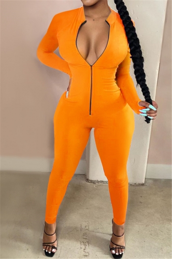 plus size autumn new stylish thumb hole zip-up simple solid color stretch tight jumpsuit