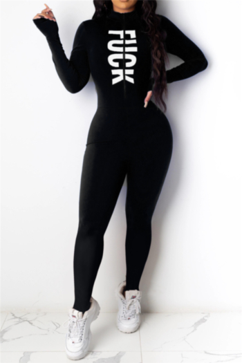 new autumn plus size letter printing zip-up stylish stretch simple tight jumpsuit
