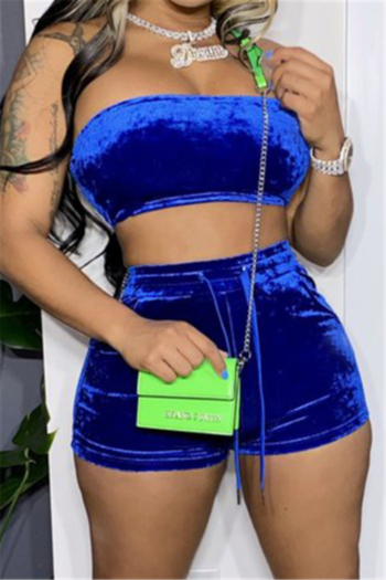 plus size summer solid color tube top with shorts lace-up velvet sexy two-piece set