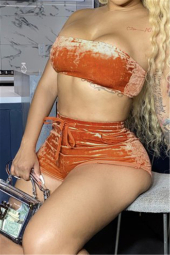 plus size summer solid color tube top with shorts lace-up velvet sexy two-piece set (new add colors)
