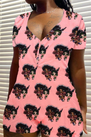 new plus size pink cartoon pattern print stretch v-neck stylish slim playsuit