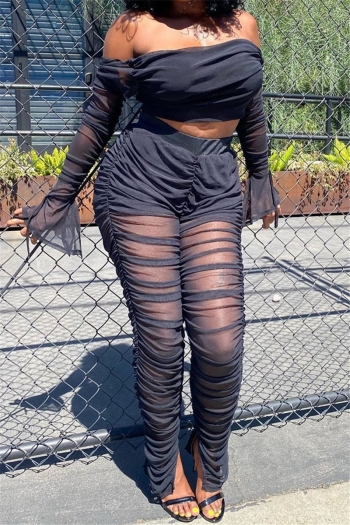 sexy night club style plus size stretch see through mesh spliced bell-sleeve pleated two-piece set