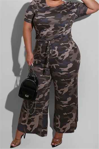 two colors oversize camo print stretch waist lace-up wide-leg stylish jumpsuit