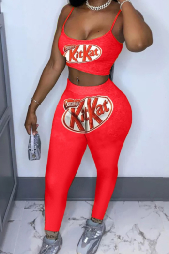 new plus size red digital print stretch sports hot tight two-piece set