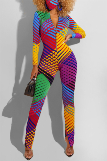 autumn new multicolor irregular stripes print stretch zip-up stylish slim jumpsuit with face-cover