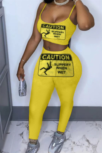 plus size yellow digital print stretch low-cut vest with leggings sports stylish two-piece set