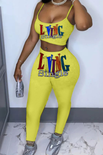 plus size yellow letters print stretch low-cut vest with leggings sports stylish two-piece set
