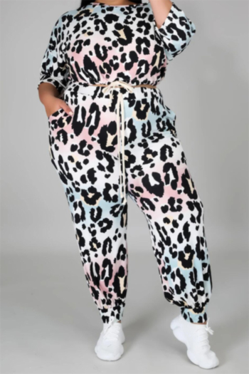autumn new oversize leopard print stretch waist lace-up pockets stylish two-piece set