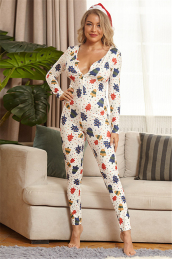 new digital print stretch v-neck single-breasted christmas style home slim jumpsuit (without hat)
