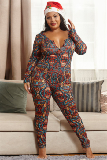 new oversize digital print stretch single-breasted christmas style home slim jumpsuit (without hat)