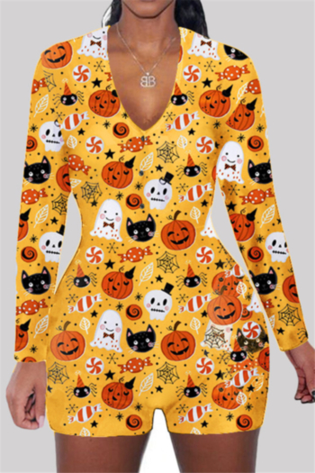 halloween style 3 colors plus size digital print stretch v-neck snap stylish playsuit