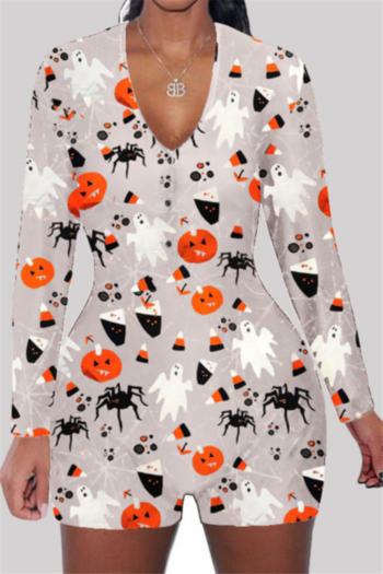 halloween style 3 colors plus size cartoon print stretch v-neck snap stylish playsuit