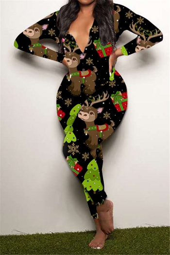 christmas style little deer print plus size v-neck snap stylish home stretch jumpsuit
