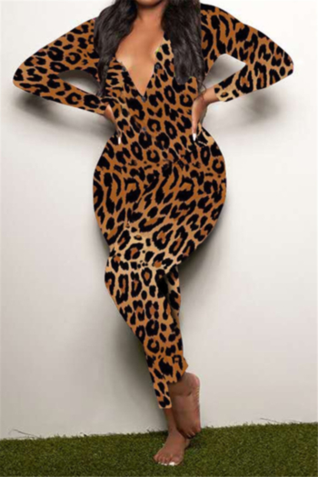 plus size 3 colors leopard print stretch v-neck stylish slim home jumpsuit