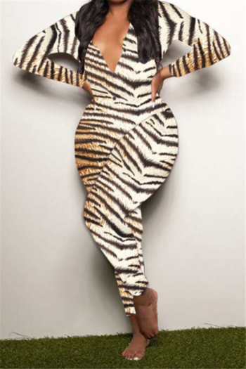 plus size tiger pattern print stretch v-neck stylish slim home jumpsuit