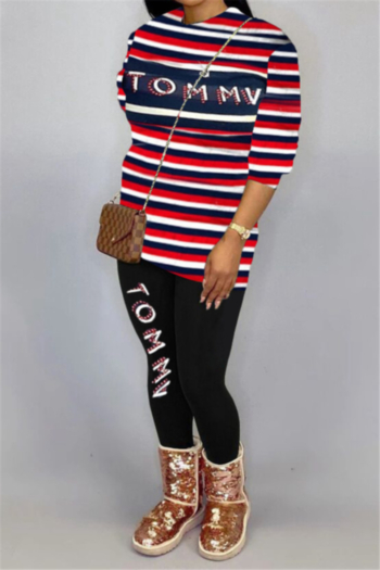 plus size stripes and letters print stretch stylish sports two-piece set
