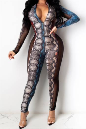plus size snake print see through mesh spliced stretch zip-up sexy tight jumpsuit