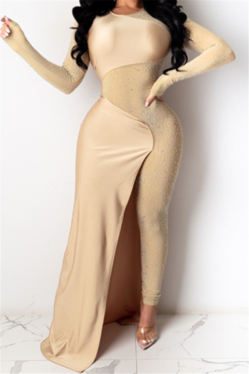 plus size see through mesh spliced stretch back zip-up rhinestones high slit irregular sexy tight jumpsuit dress