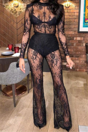 night club sexy style plus size see through mesh lace back zip-up stretch jumpsuit (without lining)