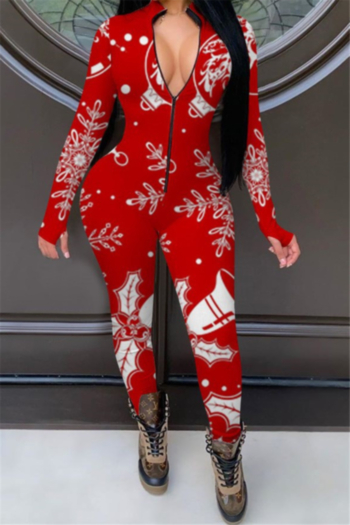 christmas style printing two colors stretch zip-up stylish slim jumpsuit