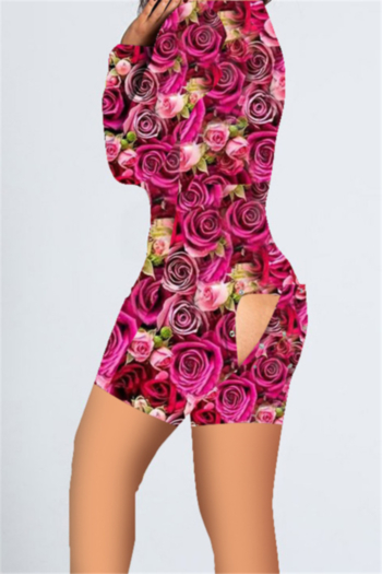 plus size two colors flowers letters print stretch v-neck hollow sexy home playsuit