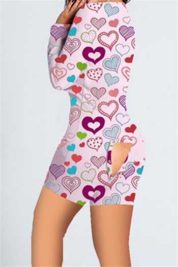 plus size hearts print stretch v-neck covered-buttons design hollow sexy home playsuit