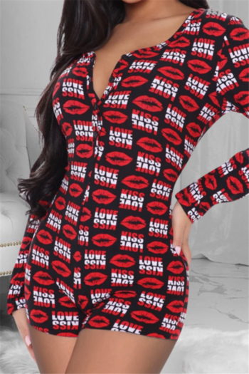 new lips and letters print stretch low-cut slim sports home playsuit