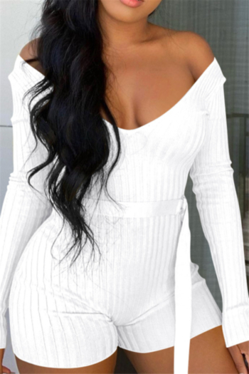 new solid color ribbed fabric stretch off-shoulder stylish playsuit with belt (new add colors)