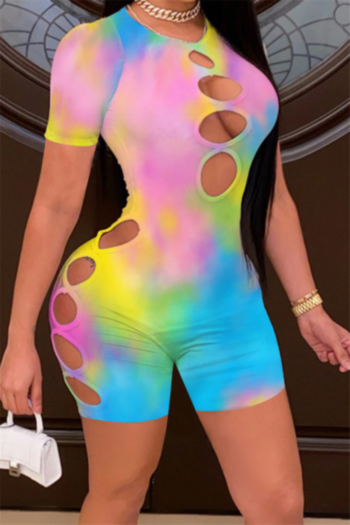 plus size multicolor tie-dye stretch hollow back zip-up stylish tight playsuit