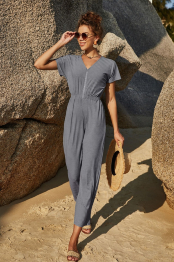 summer new solid color ribbed micro-elastic v-neck zip-up stylish casual jumpsuit