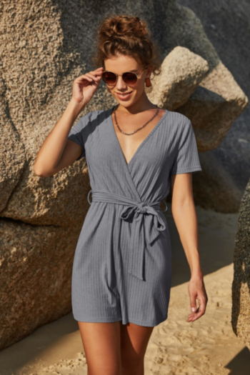 summer new solid color stretch v-neck stylish casual playsuit with belt