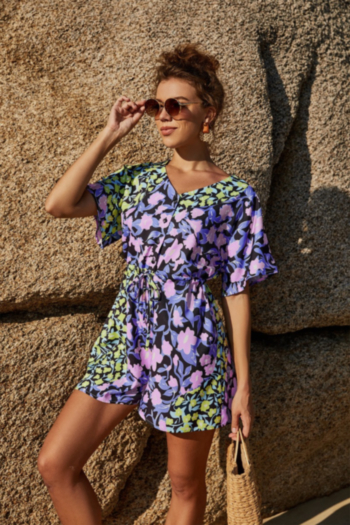 summer new floral print inelastic waist lace-up v-neck stylish casual playsuit