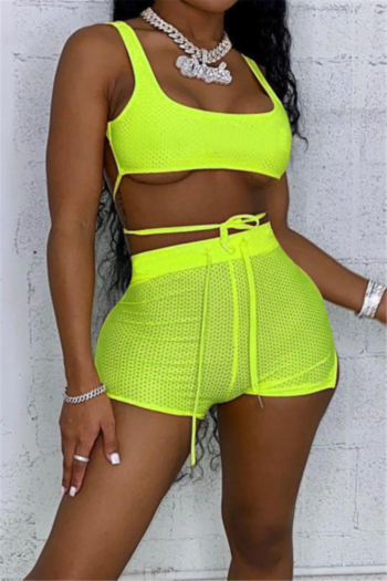 plus size solid color mesh spliced stretch waist lace-up stylish sports two-piece set
