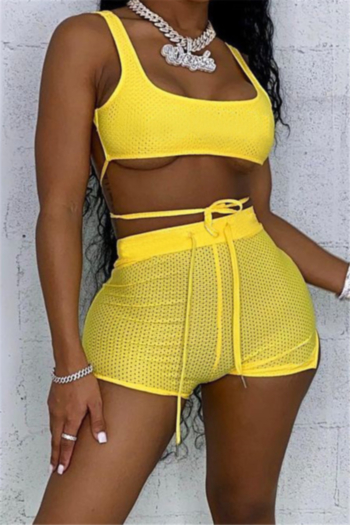plus size solid color mesh spliced stretch waist lace-up sports casual two-piece set
