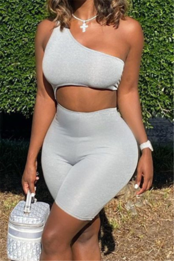 plus size solid color stretch one-shoulder hollow stylish sports playsuit