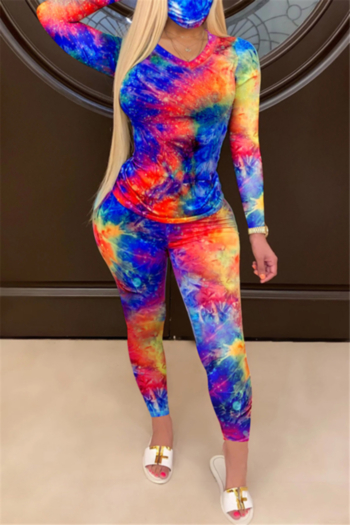 plus size autumn 4 colors tie-dye batch printing casual with face-cover stretch two-piece set