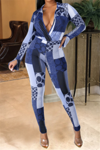 new stylish batch printing deep v-neck bodysuit with tight pants stretch two-piece set