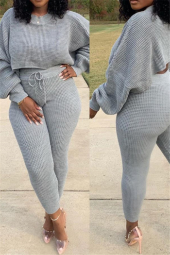 plus size autumn winter solid color sweater laced tight pants stretch two-piece set