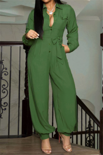 plus size autumn solid color single breasted inelastic new fashion simple jumpsuit (with belt)