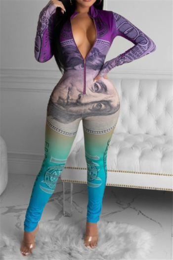 plus size autumn zip-up contrast color dollar printing stretch tight jumpsuit