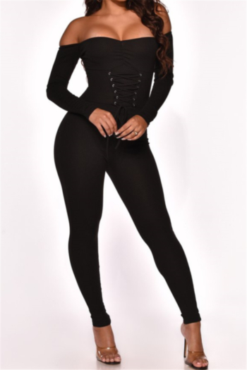 autumn new fashion lace-up off-shoulder high elastic simple solid color tight jumpsuit