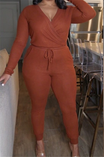 plus size solid color v-neck laced autumn new stylish micro elastic simple jumpsuit