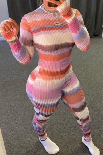 autumn new stylish multicolor streak batch printing zip-up stretch tight jumpsuit