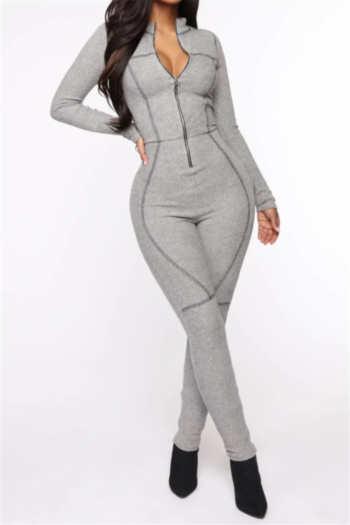plus size solid color zip-up autumn new fashion simple stretch tight jumpsuit