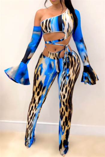new stylish leopard batch printing flare sleeves laced hollow out stretch two-piece set